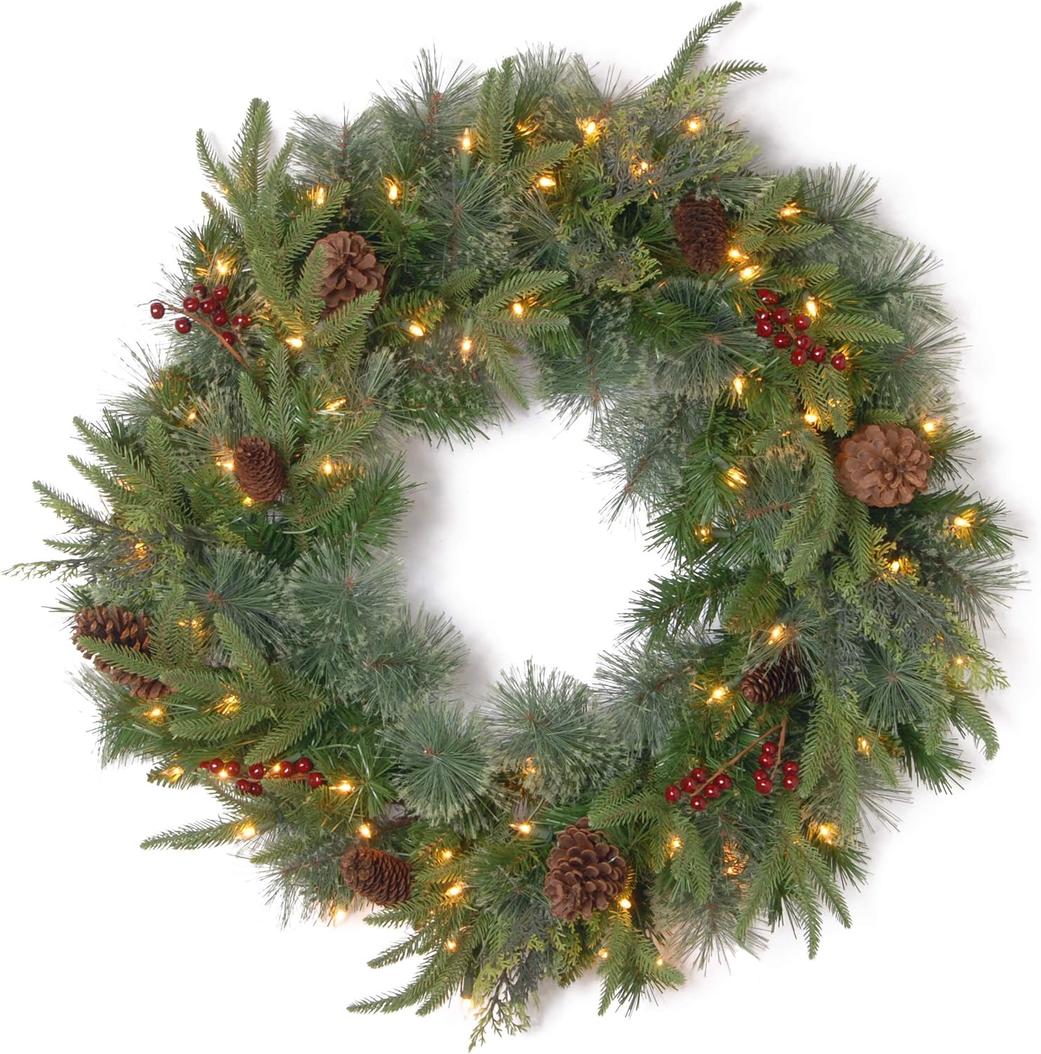Wreaths, Garlands & Swags - National Tree Company Pre-Lit Artificial Christmas Wreath, Green, Colonial Fir, White Lights, Decorated with Pine Cones, Berry Clusters, Christmas Collection, 24 Inches