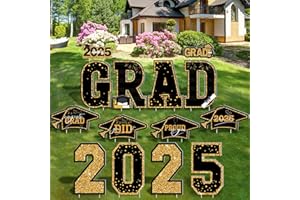 HOVACY Graduation Yard Sign, 14 PCS Black Gold Large Congrats Grad Lawn Stakes, Class of 2025 Yard Signs with Stakes, Graduation Party Decorations Outdoor, Graduation Yard Decor for College High School