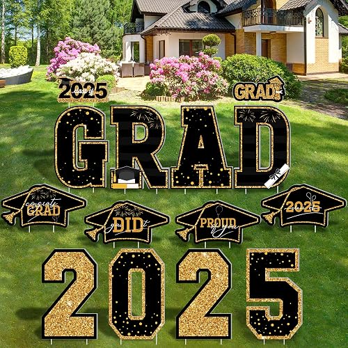 Graduation Yard Sign, 14 PCS Black Gold Large Congrats Grad Lawn Stakes ...