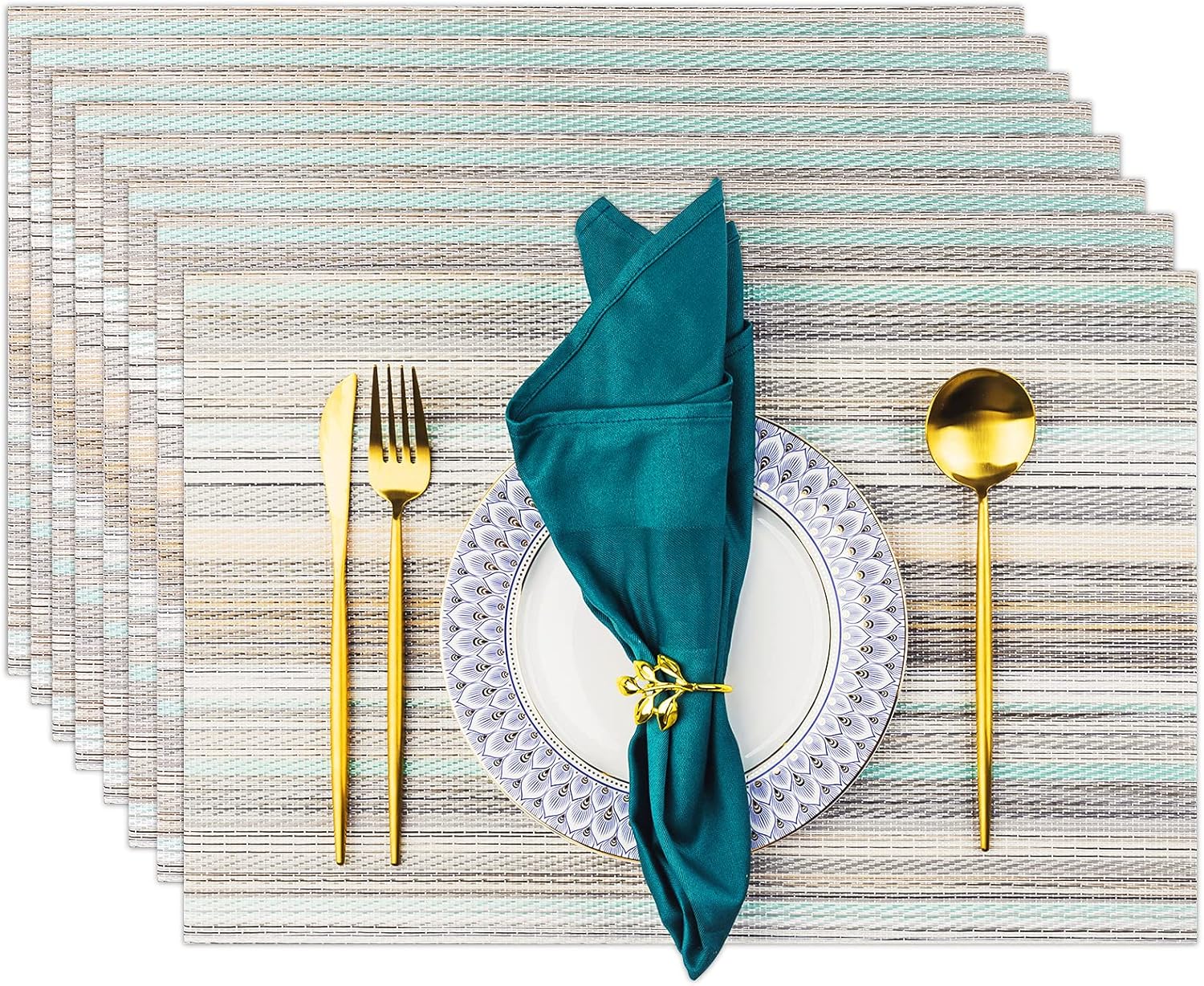Placemats, Placemats for Dining Table Set of 8 Waterproof, Woven Place Mats for Kitchen Table Vinyl Heat Insulation Stain Resistant Placemats (Set of 8, Blue Stripes): Kitchen & Dining