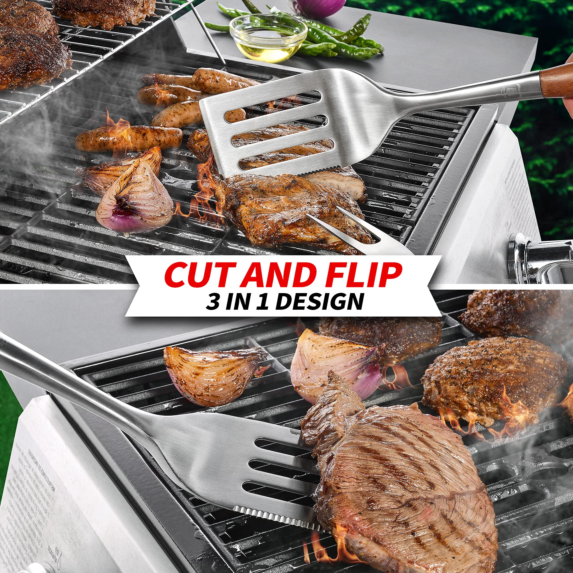 GRILAZ Heavy-Duty Rose Wooden BBQ Grilling Tools Set. Extra Thick Stainless Steel Multi-Function Spatula, Fork & Tongs | Essential Accessories for Barbecue & Grill. Ideal Gift for Father…