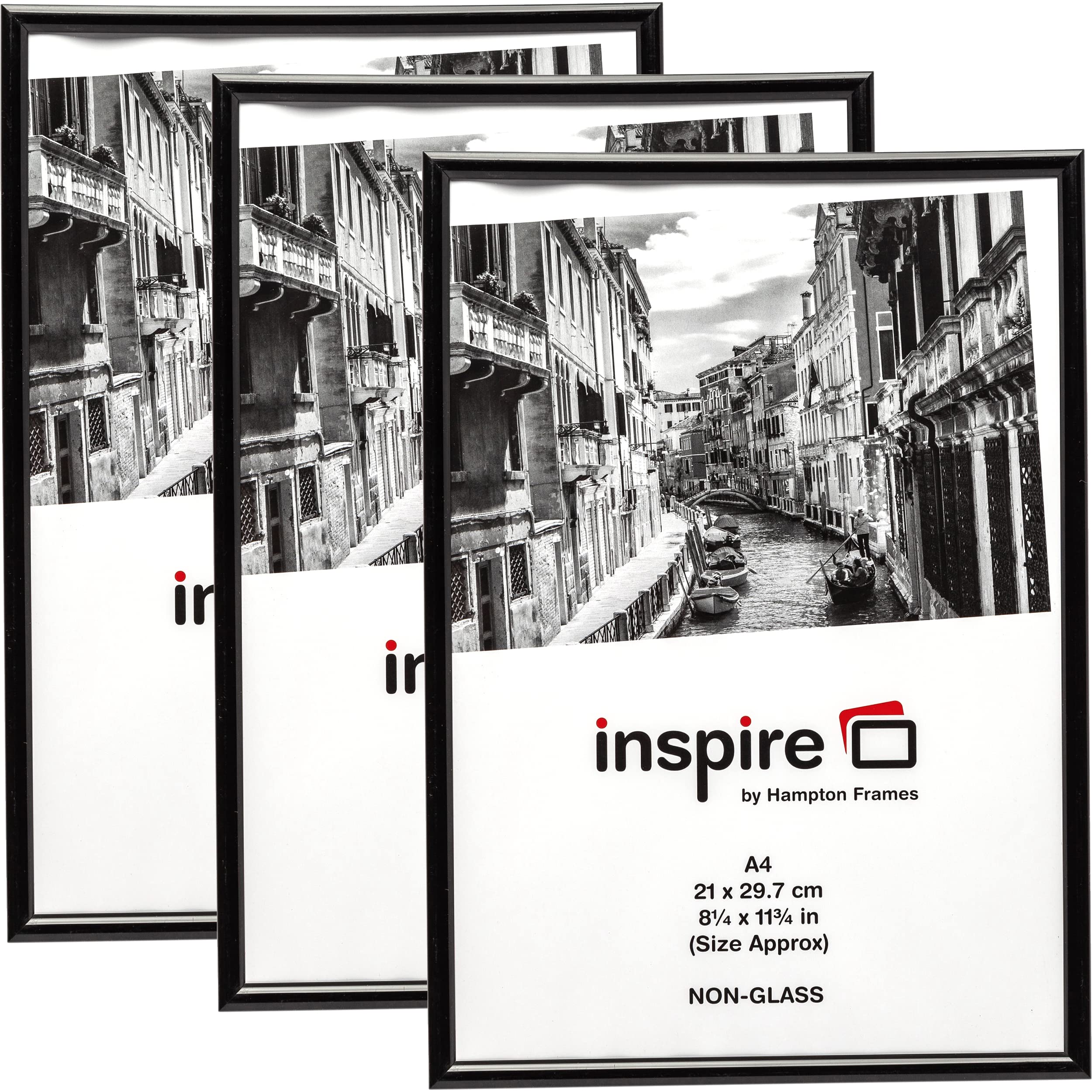 Hampton Frames BACKLOADER Picture Frame Set | A4 (21x29.7cm), Black, Pack of 3, Plastic, Foil Wrapped | Acrylic Front, Freestanding or Wall Mount | Poster Photo Certificate Display