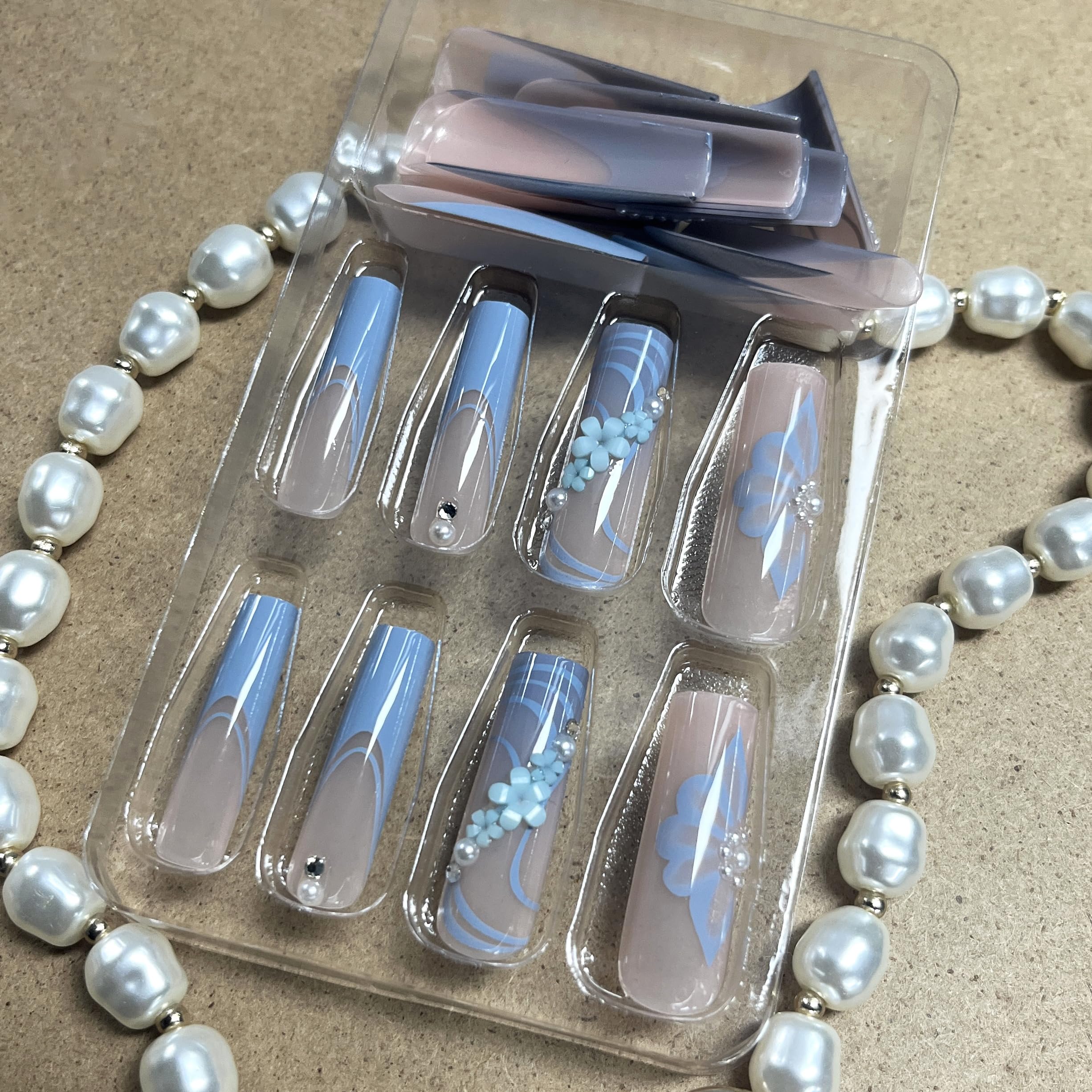 MERVF Long Square Press on Nails Blue French Tip Fake Nails Press ons with 3D Flower Design Glue on Nails Squoval Pearls Acrylic Nails Spring Glossy 24pcs False Nails - Image 2