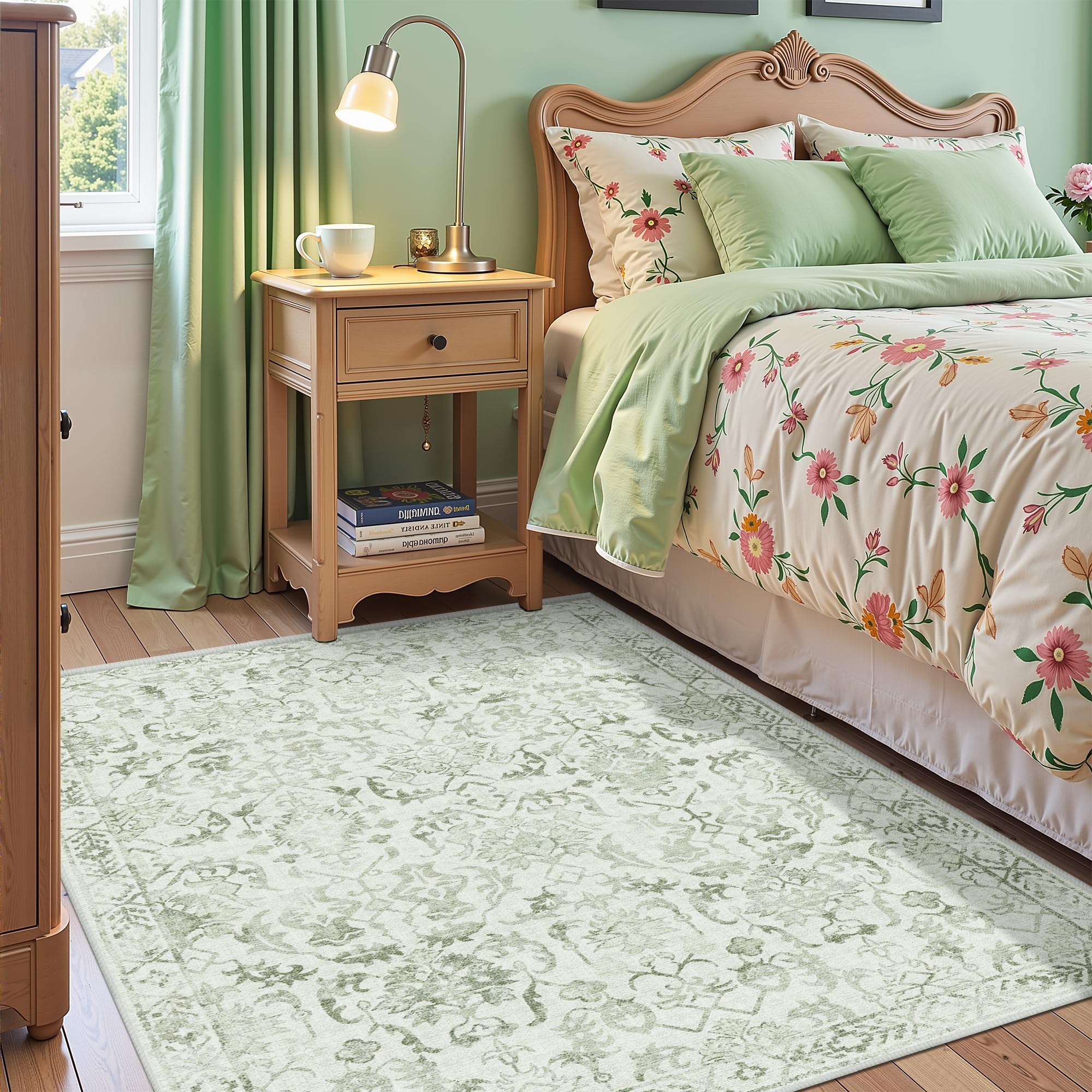 Photo 1 of Sage Vintage Area Rug 3x5 for Living Room Bedroom, Washable Distressed Farmhouse Soft Thin Non-Shedding Indoor Throw Rug, Traditional Accent Carpet for Bedroom Office