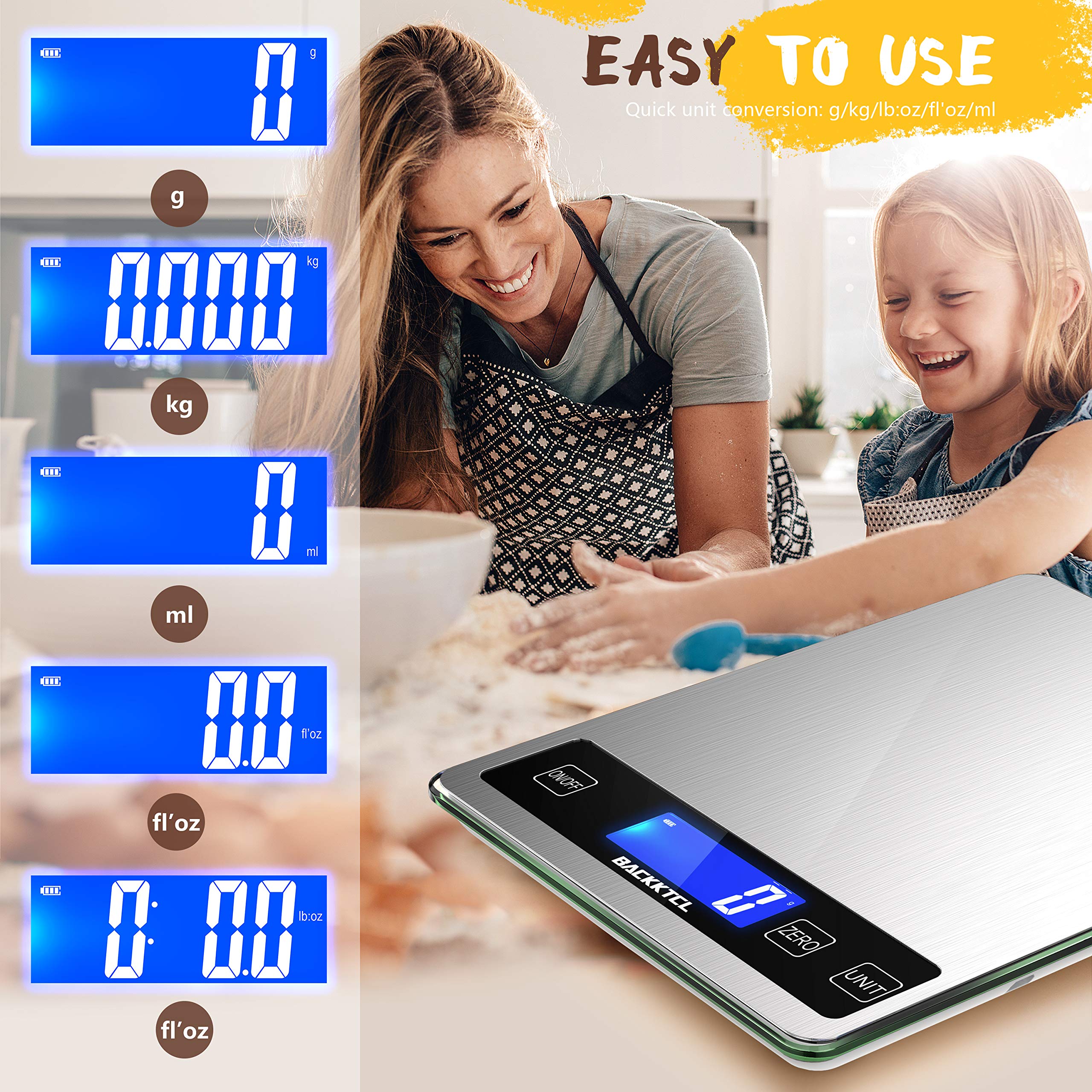 BACK KTCL''Cooking Master' 22lb Digital Kitchen Scale,Food Scale Measures in Grams and Ounces for Weight Cooking Baking,1g/0.1oz Precise Graduation,Stainless Steel and Tempered Glass