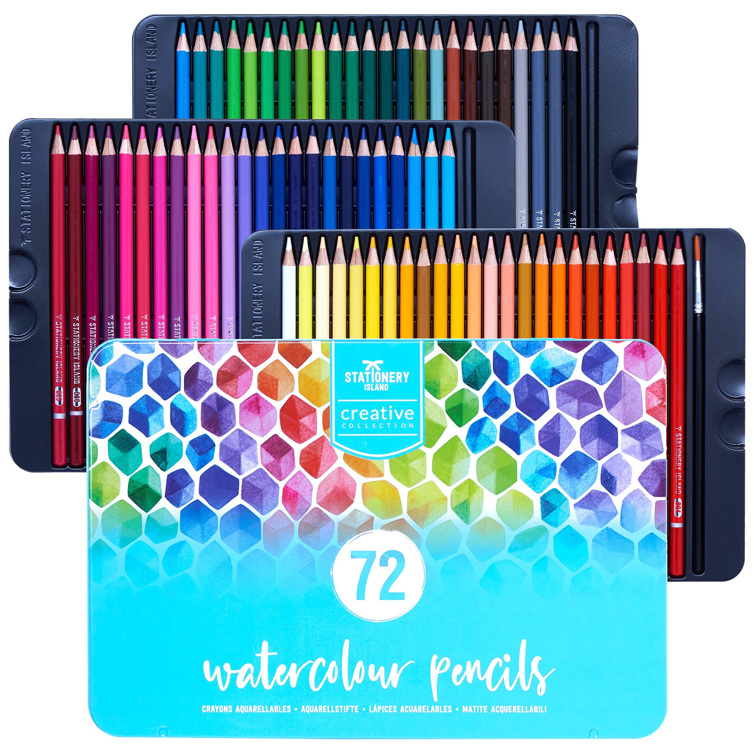 STATIONERY ISLAND Colouring Pencils for Adults, 72 Coloured Pencils Water-Soluble with Paintbrush in Travel Tin for School Kids Adults Art Drawing and Painting