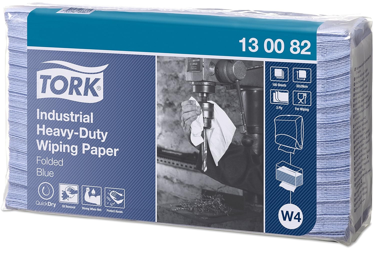 Tork 130082 Industrial Heavy-Duty Wiping Paper / 3 Ply Absorbent Paper Sheets Suitable for Tork W4 Top Pak System / Blue / 38.5cm x 10.8cm / 500 Sheets - Image 4