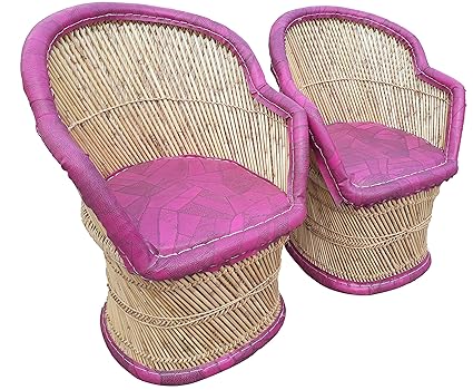 PatioStack Bamboo Leather Handicraft Outdoor Rattan & Wicker Sitting Chairs Furniture Set for Garden / Terrace / Lawn / Balcony / Restaurant / Cafe / Living Room / Drawing Room [ 2 Chairs, Size :18*18*34 ]