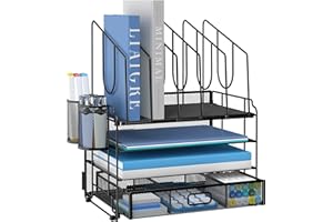 DALTACK 4-Tier Mesh Desk Organizer with Drawer, Desktop Organizer with 5 Vertical File Holders and 2 Pen Holders, File Organi