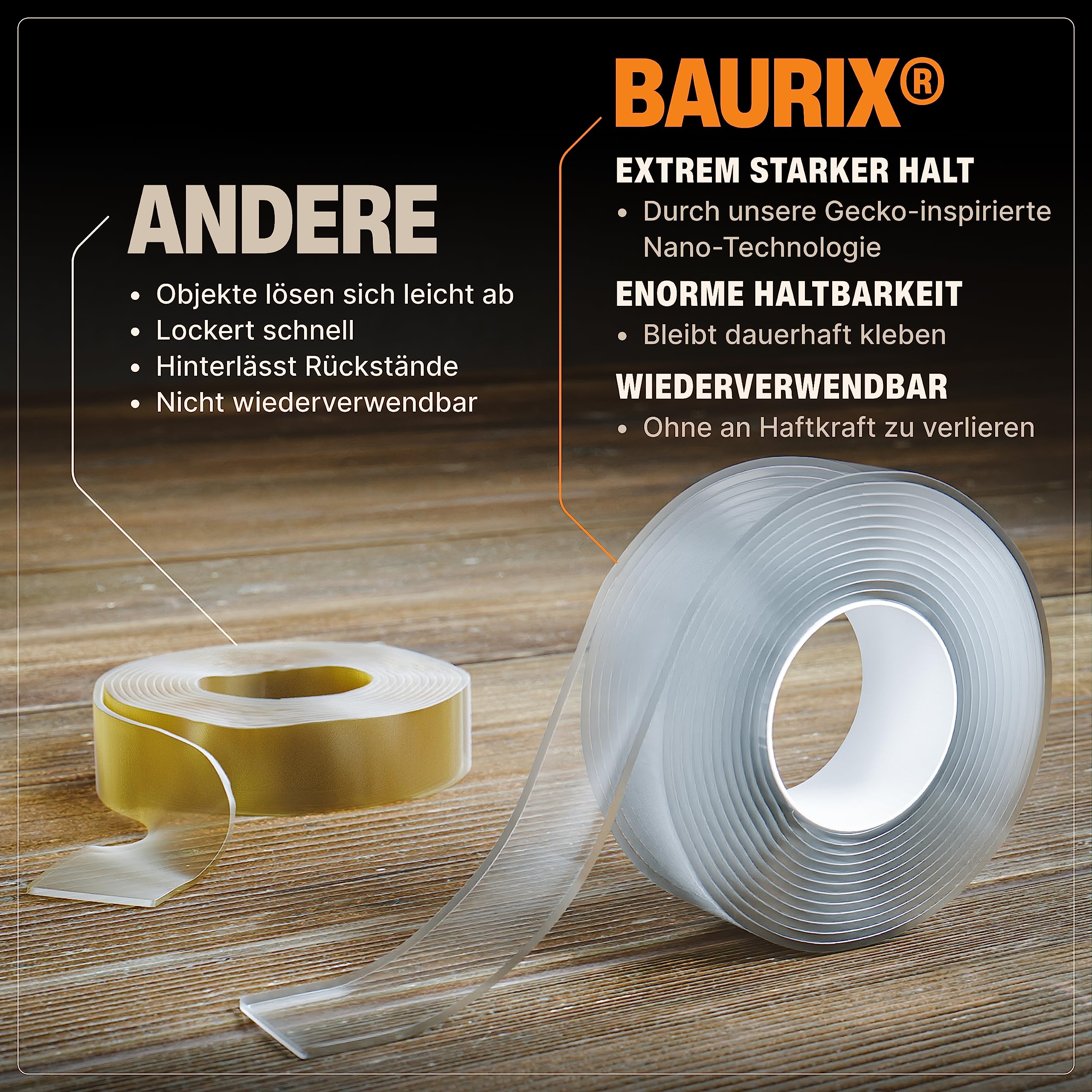 BAURIX® Nano Tape Doppelseitig [2m] – Starkes Klebeband für Wand, Teppich & Deko – transparent, waschbar, wiederverwendbar – ideal für DIY und professionelle Anwendungen 7