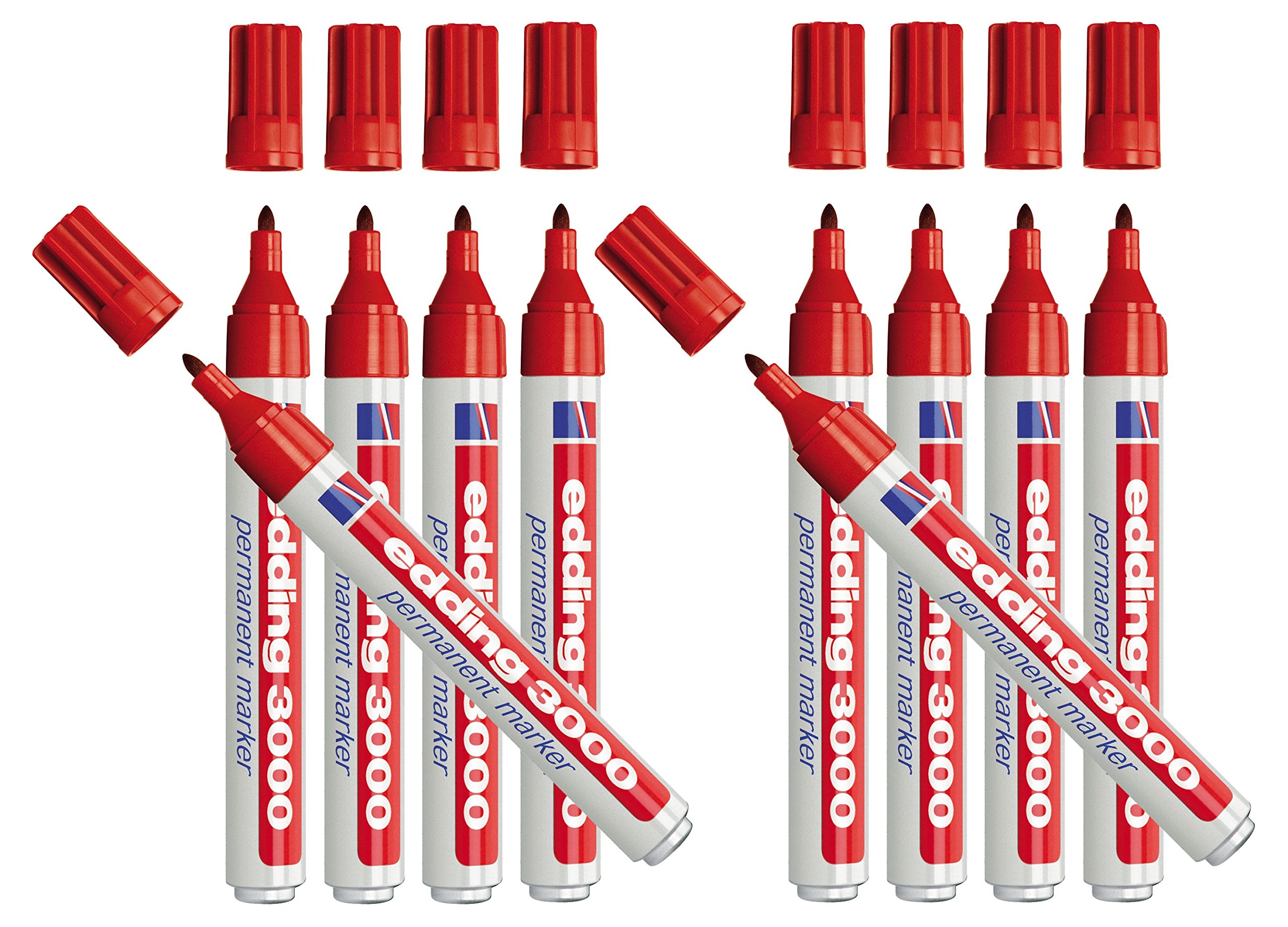 Edding 3000 Permanent Marker with Rounded Tip 1.5 – 3 mm, red, Pack of 10