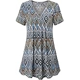 MOQIVGI Womens V Neck Printed Loose Fit Casual Blouse Top Tunic Shirt