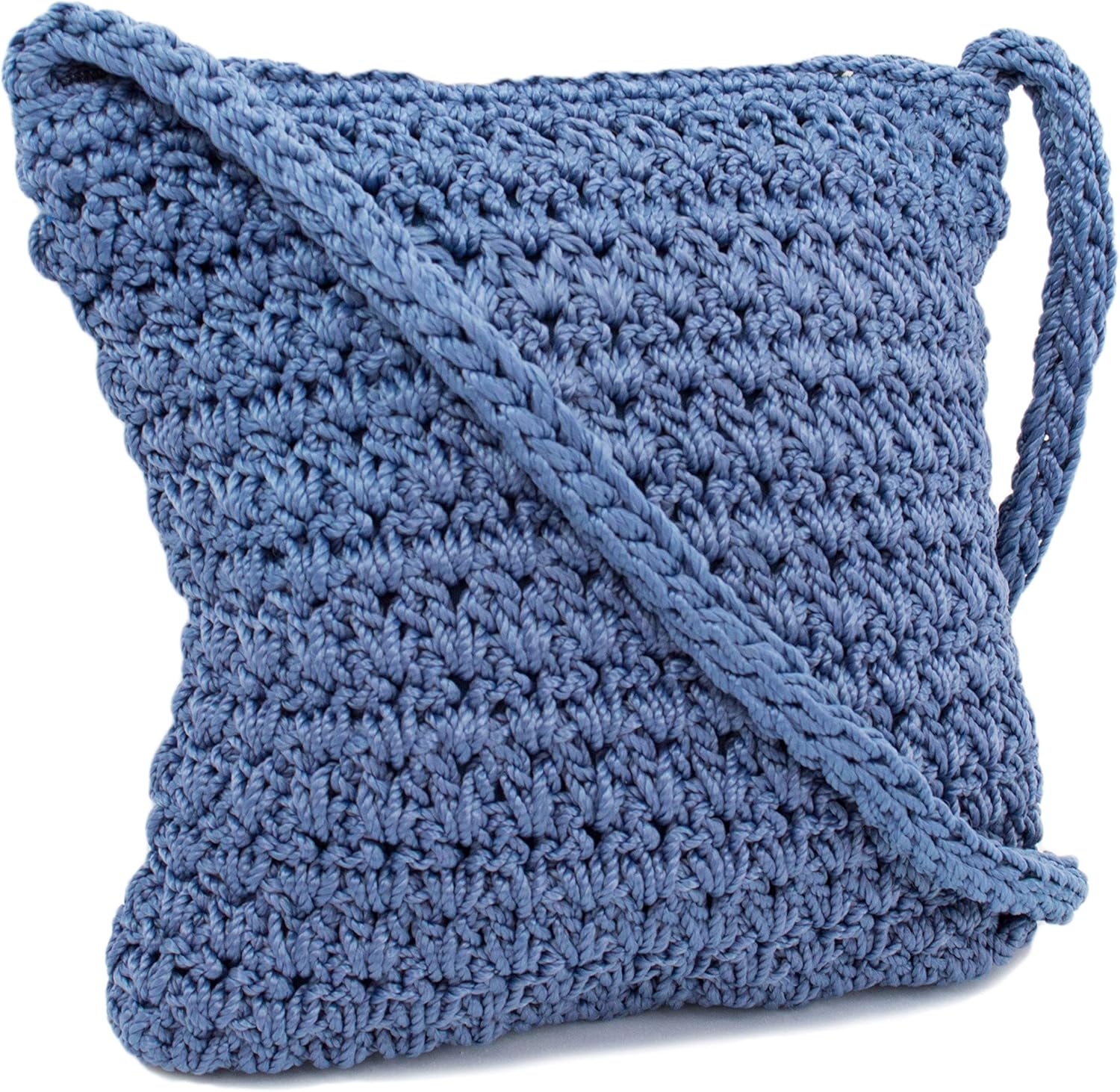 Boho Crochet Crossbody Handbag, Organizer Sling Bag, Small Crocheted Hippie Purse (Blue
