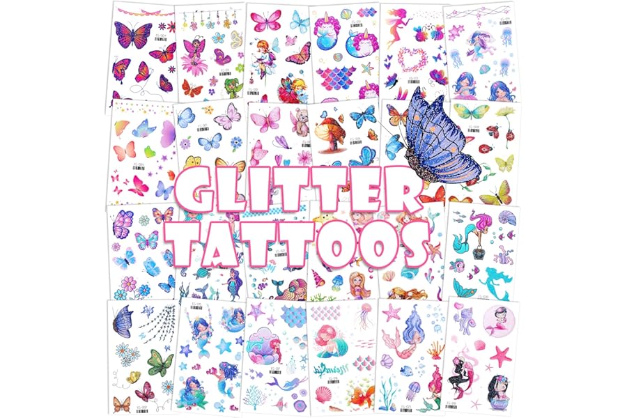 Konsait Glitter Temporary Tattoo for Girls, 24 Sheets Butterfly Mermaid Fairy Flowers Tattoo Stickers for Kids, Waterproof Fake Tattoos for Birthday Party Favors Goodie Bags Stuffers Party Fillers