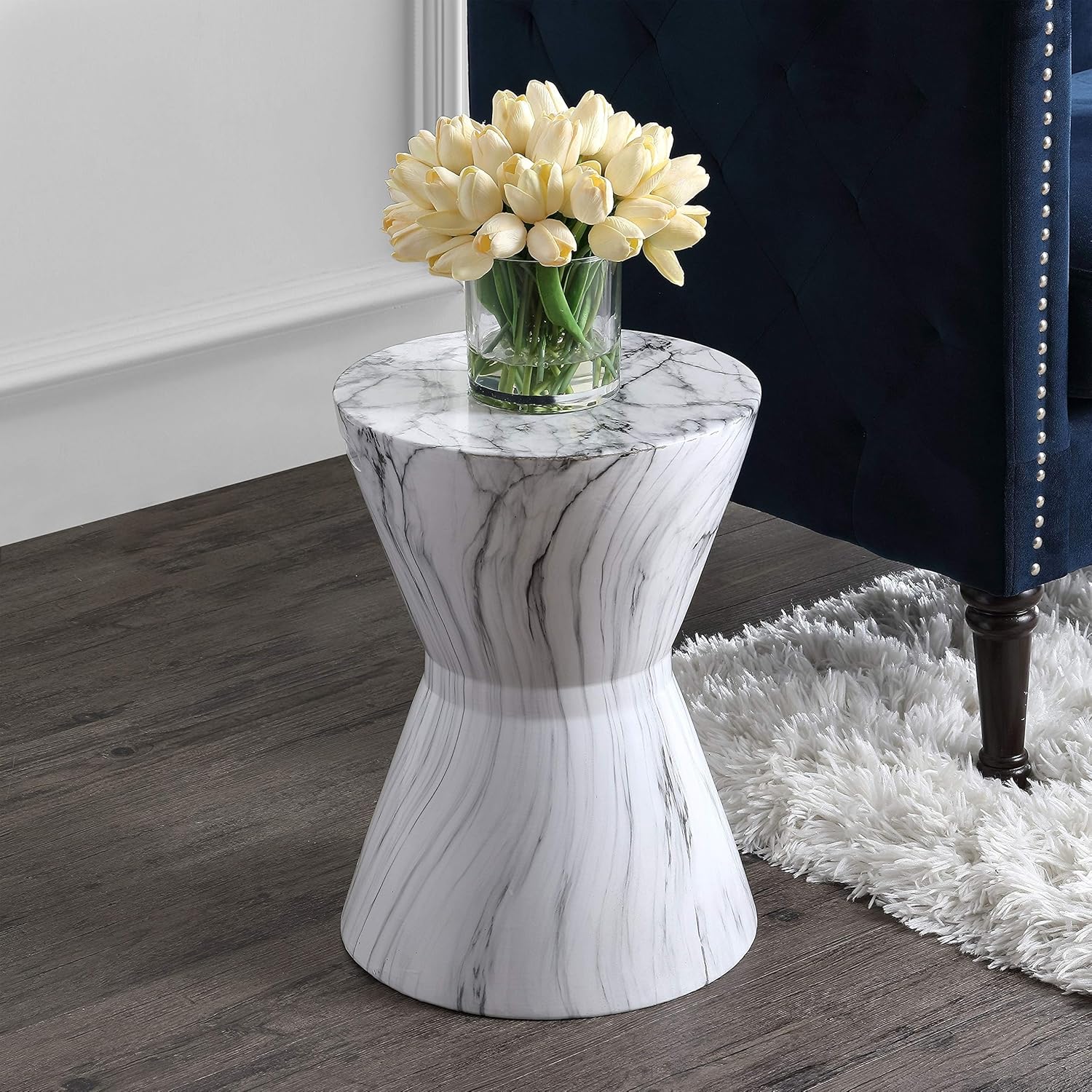 African Drum 17.3" White Marble Finish Ceramic Garden Stool Glam Mid-Century Modern Contemporary Glossy
