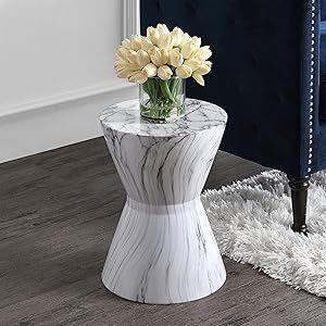 African Drum 17.3" White Marble Finish Ceramic Garden Stool Glam Mid-Century Modern Contemporary Glossy