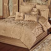 Monaco Luxury Bedding | Royal Monochromatic Metallic Gold | Puff Jacquard-Woven Acanthus Damask and Scrollwork | 4-Pc Bed Set Includes Oversized California King Comforter, Bedskirt, and 2 King Shams
