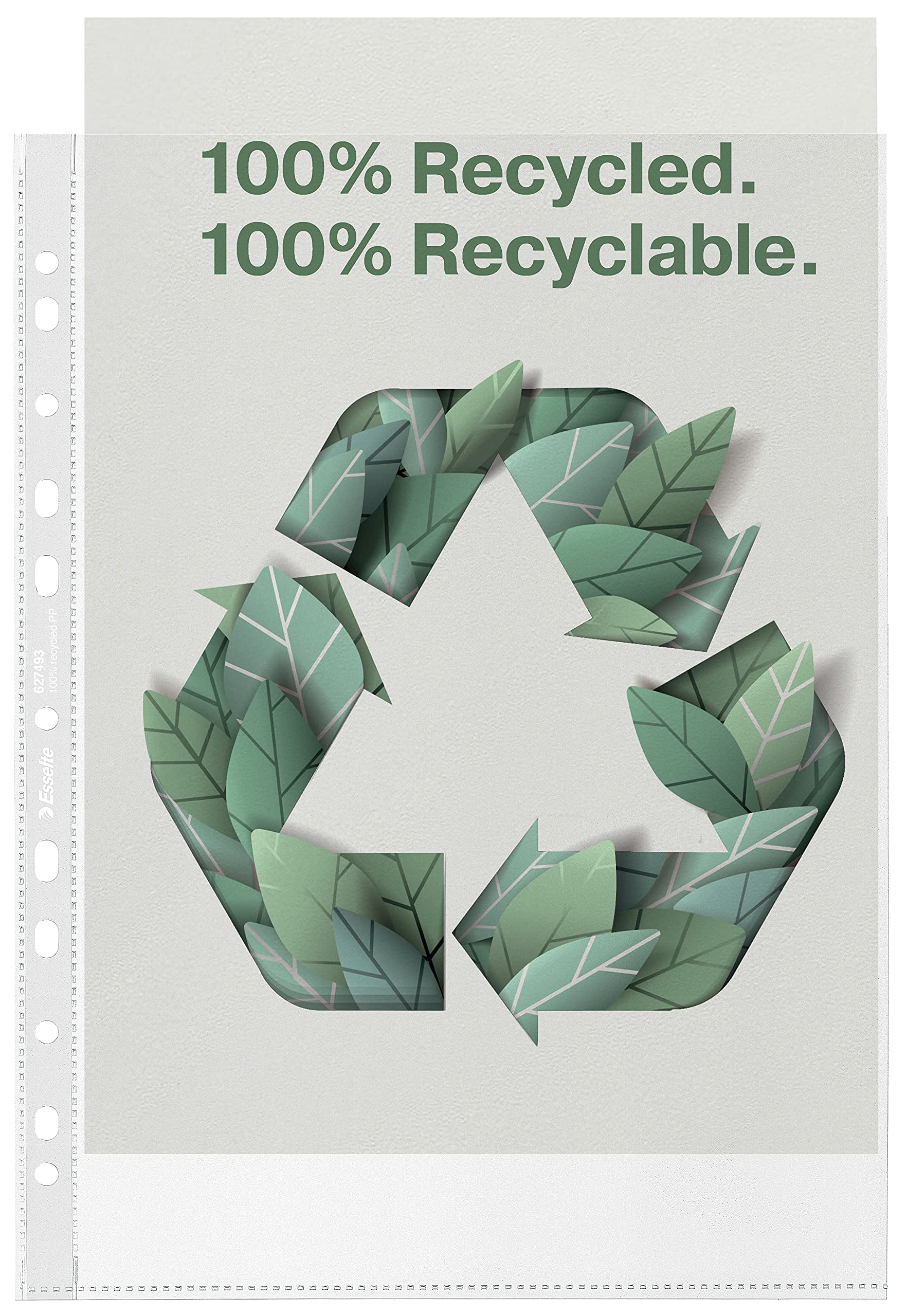 Esselte Recycle A4 Pockets, Embossed Strong PP, 70 Micron, Plastic Punched Poly Pockets, Pack of 100, 627493