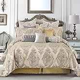 Loom and Mill Elegant Queen Comforter Set 9-Piece, Luxury Damask Jacquard Bedding Sets, All Season Comforter with Euro Shams, Bedskirt, Filled Decorative Pillows(Beige, Queen)