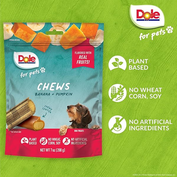 DOLE FOR PETS FRESHLY FETCHED DOG CHEWS, ASSORTED BANANA & PUMPKIN FLAVOR DOG TREATS, 7OZ | FLAVORED WITH REAL VEGGIES, NO WHEAT, CORN, SOY, ARTIFICIAL FLAVORS, COLORS, OR PRESERVATIVES