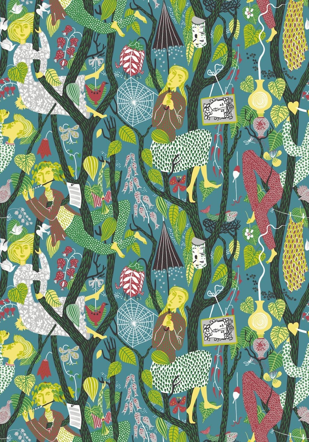 Stig Lindberg 1756 Non-Woven Wallpaper Fantasy Design People Animals Trees Colourful on Turquoise Blue