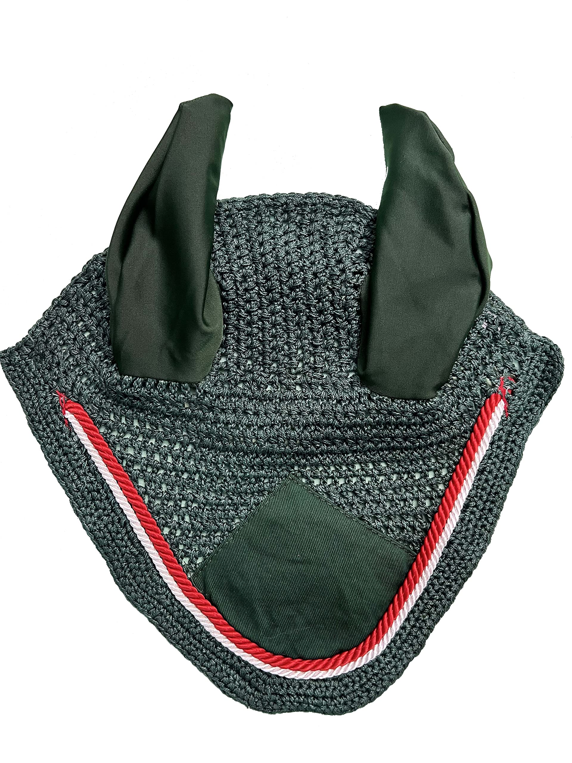 Spire Horse Soft Crochet Fly Veil Breathable Cotton Ear Net Hood Horse fly Control Masks Protector Bonnets (Cob, Dark Green/Red-White)