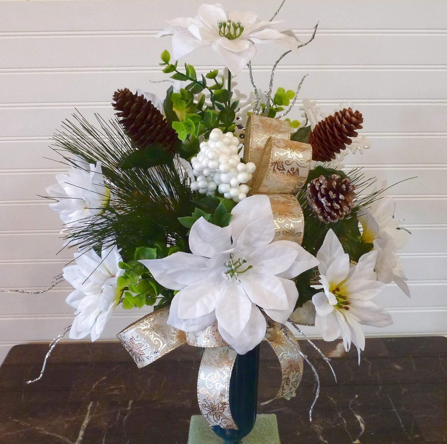 Amazon Com Cemetery Vase With White Poinsettias Poinsettia