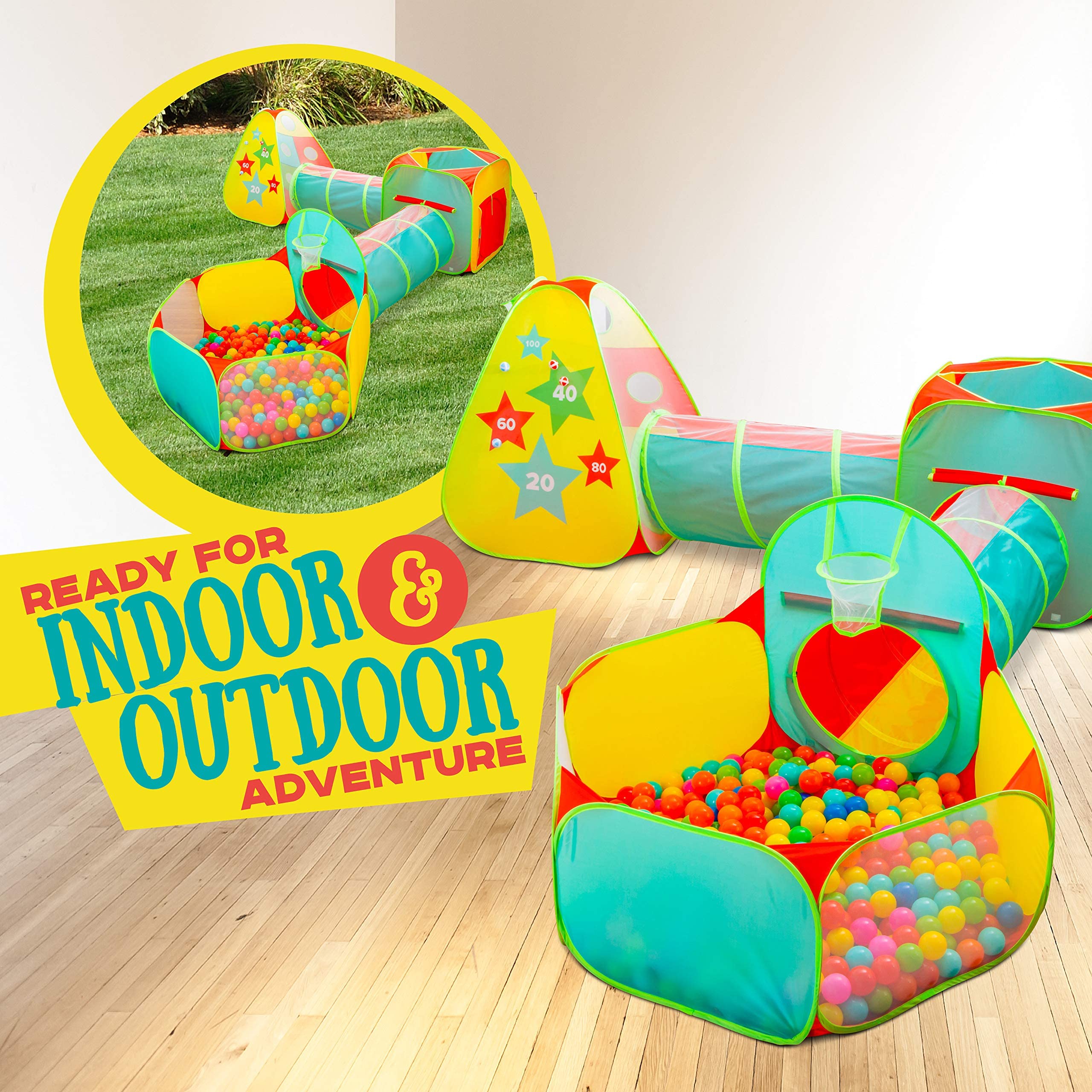 5pc Kids Play Tent for Toddlers with Ball Pit, Crawl Tunnel, Indoor & Outdoor Playhouse, Jungle Gym, Toys for Boys & Girls, Includes Dart Balls, Teepee & Basketball Hoops