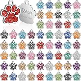Abbylike 60 Pcs Personalized Paw Print Pet Tag for Dogs and Cats, Blank Pet ID Tags Custom Glitter Paw for Cute Metal Cat Name Small DIY Engraved Puppy Name