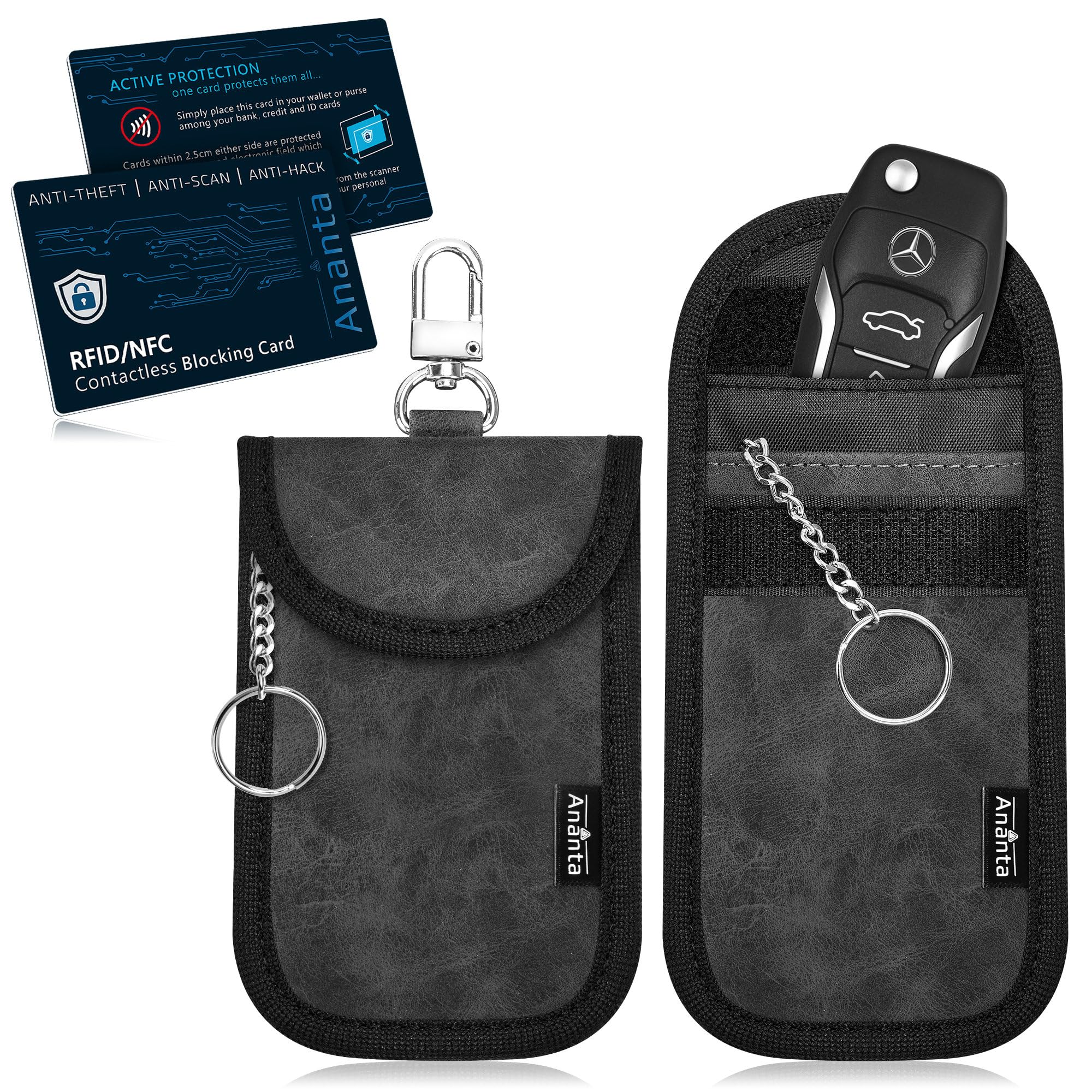 Ananta Faraday Pouch for Car Keys 2 Pack, Plus 2 x RFID/NFC Contactless Blocking Cards, Military Grade Signal Blocker, Anti-Theft Keyless Entry Car Remote Security …