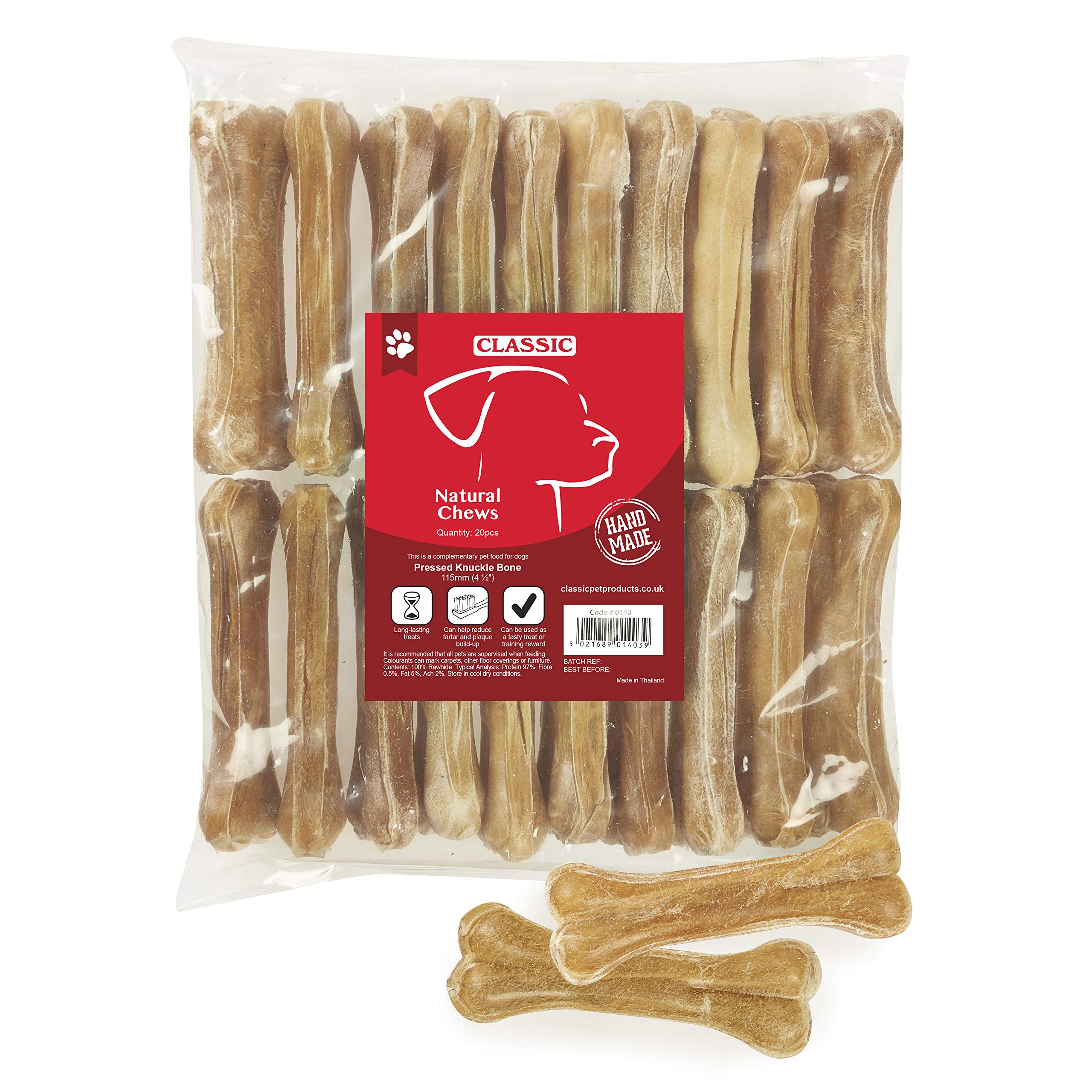 Classic Pet Products Rawhide Pressed Knuckle Bone for Dogs, 114 mm, Pack of 20