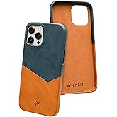Wilken Leather Slim Phone Case Compatible with iPhone 14 Pro Max | Compatible with MagSafe & Wireless Charging | Premium Top-Grain Leather Cover with Metal Buttons (14 Pro Max, Tan/Blue)
