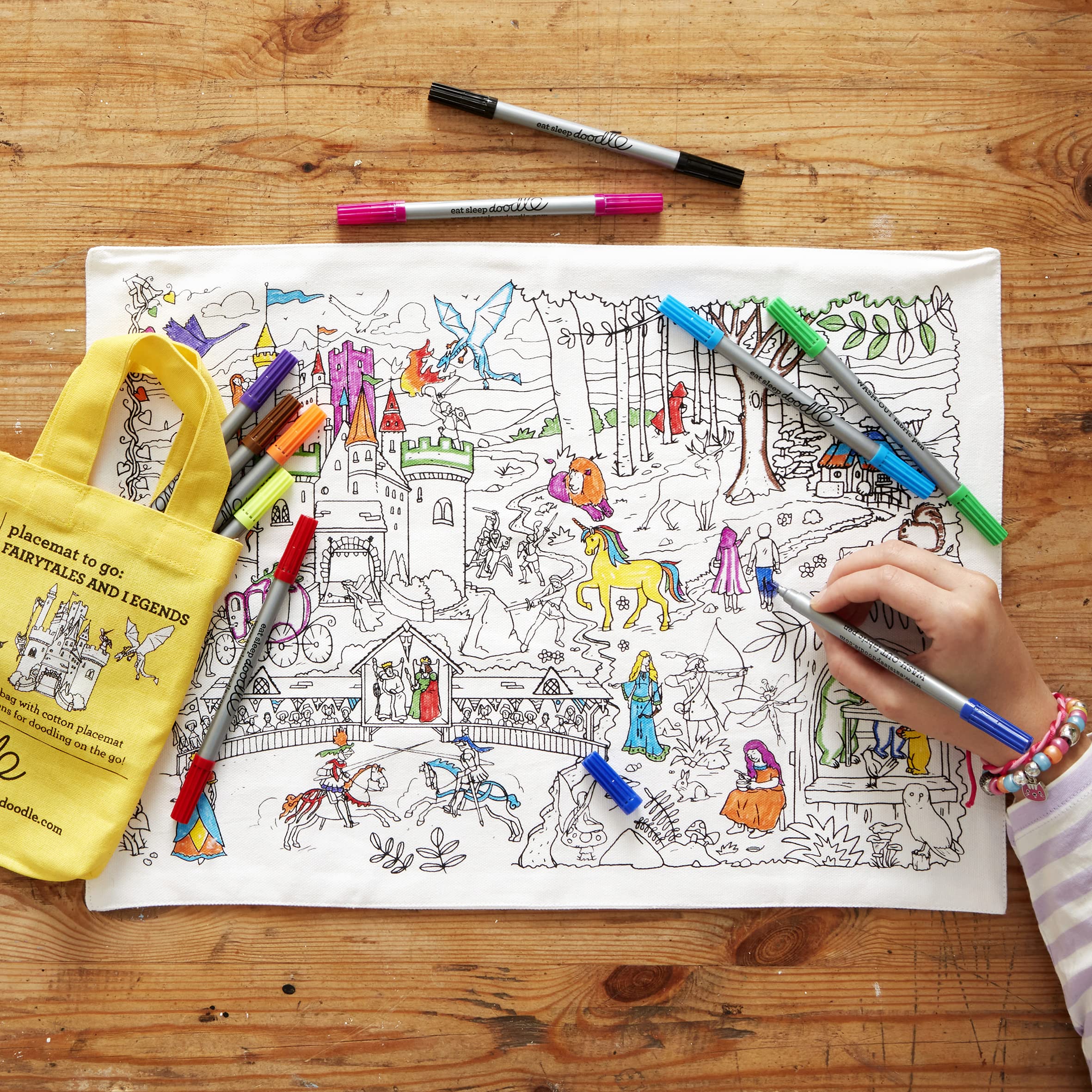 eatsleepdoodle Colouring Placemat For Kids w/ 10pk Washable Markers For Kids - 33x47cm Fairytale Colouring Placemat - Ultra Washable & Reusable Arts and Crafts For Kids