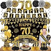 Eucutur 42PCS 70th Birthday Decoration Kit for Men Women, Black Gold Happy 70th Bday Banner Balloons Honeycomb Centerpiece Swirl Paper Pompoms Party Supplies, 70 Bday Sash Table Cake Topper Swirls Set