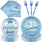 96 Pcs Dance Queen Party Decorations, Blue Mirrorball Crown 17th Birthday Party Plates Napkins and Forks for 24 Guests, Fun Disco Tableware Set