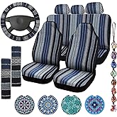 Frienda Baja Saddle Blanket Car Seat Covers Full Set Multicolor Stripe Boho Steering Wheel Cover Seat Belt Pads Crystal Hanging Ornament Automotive Interior Universal Fit Most Cars (Retro Style)