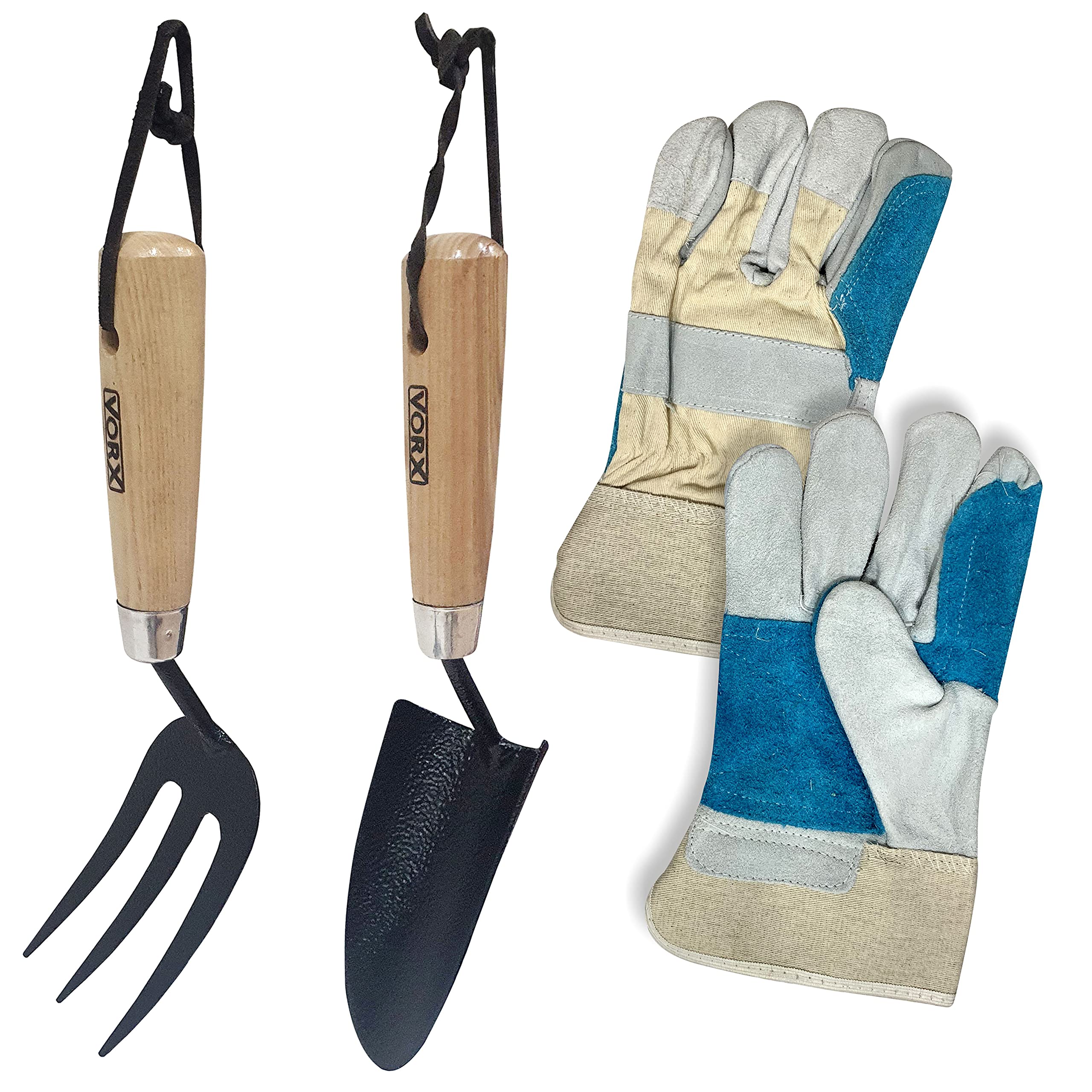 Garden Hand Fork Hand Trowel Carbon Steel Wooden Handle Leather Gloves Perfect for Digging Tools for Home & Professional Use VORX 1% Sale Value Will be Donated to Children's Hospital Sheffield