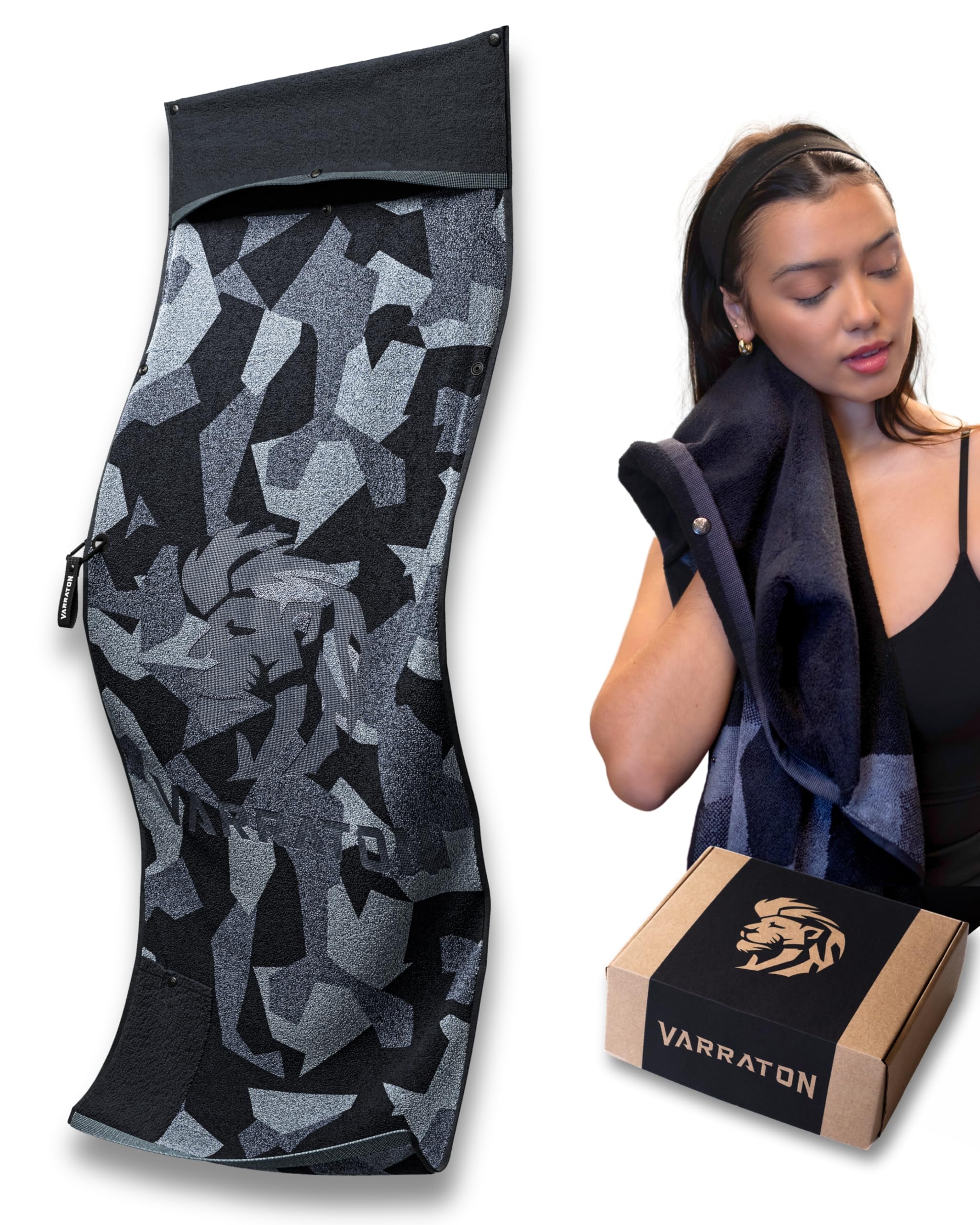 Varraton Premium Gym Towel & Sports Towel Extra protective area for face drying - Anti-Slip Function + Lockable Pocket - 125x50 cm - 100% cotton