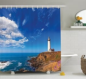 Ambesonne Lighthouse Decor Collection, California Pigeon Point Lighthouse in Cabrillo Coastal Highway State Route Image Print, Polyester Fabric Bathroom Shower Curtain Set with Hooks, Blue White