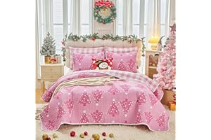 Joyreap 2pcs Christmas Quilt Set Twin, Xmas Tree Pink Design for Girls, Soft Microfiber Bedspread Coverlet for All Season- 68x88 inches