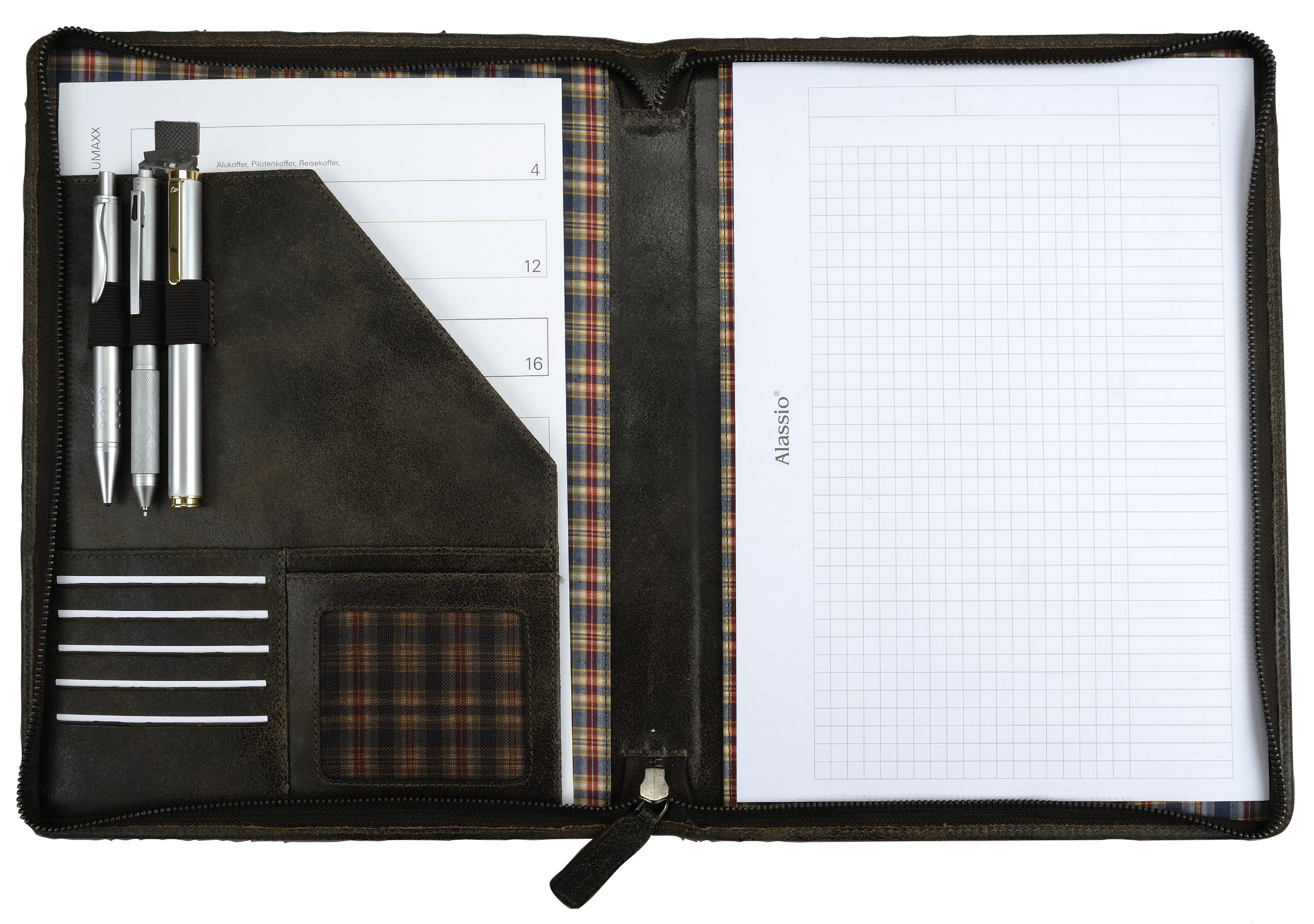 Pride and Soul 30106 A4 Writing Case with Chequered Lining, Vintage Look Leather Folder with 3 Pen Loops, 5 Business Card Compartments and Mesh Pocket, Genuine Leather Briefcase, Brown, Brown,