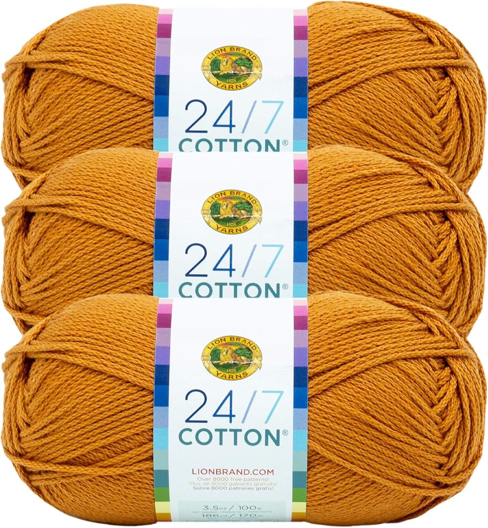 Lion Brand Yarn 24/7 Cotton Yarn Amber 3 Pack 100 g 170 m Knitting Crochet