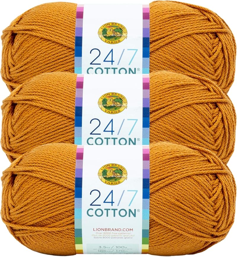 Lion Brand Yarn 24/7 Cotton Yarn Amber 3 Pack 100 g 170 m Knitting Crochet
