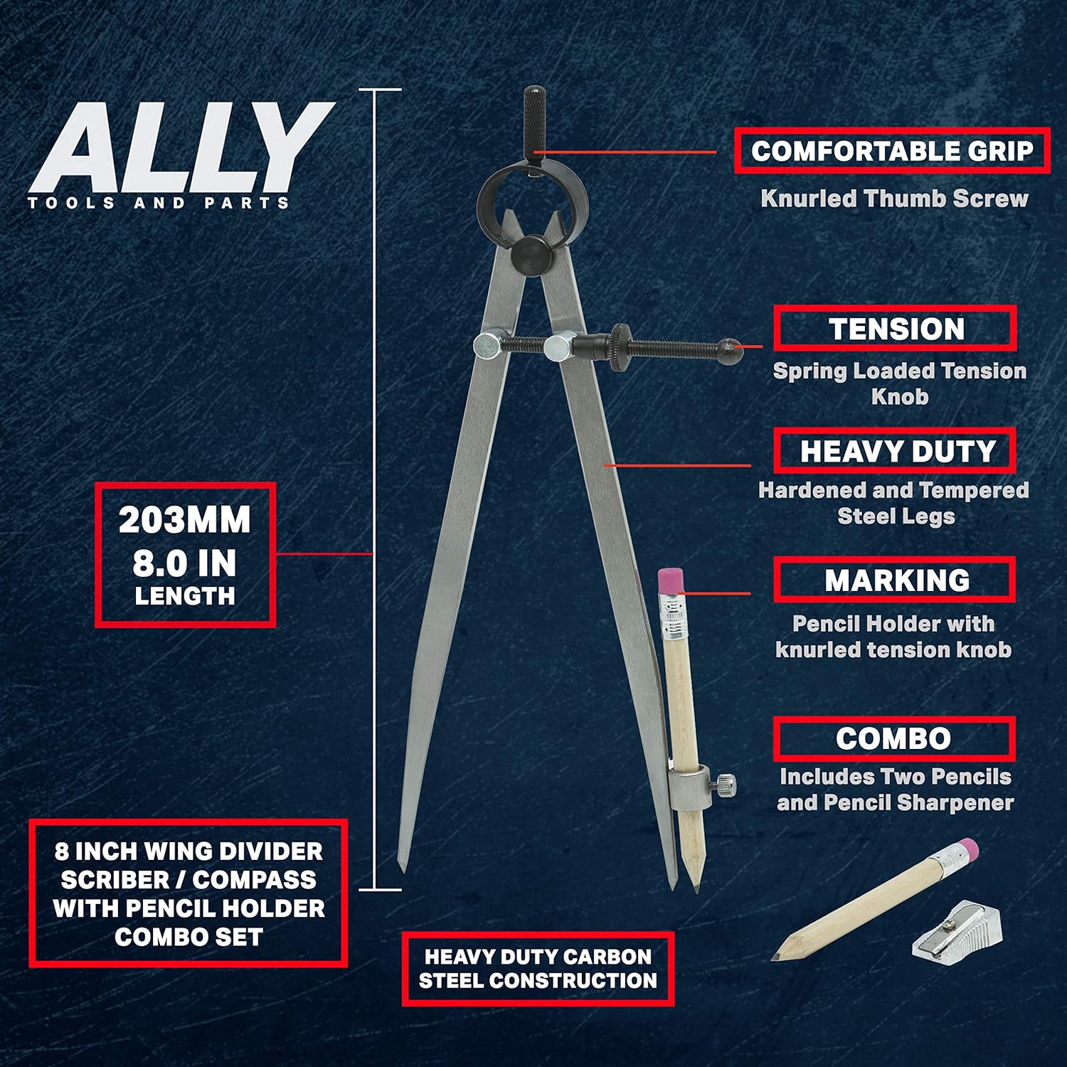 ALLY Tools 8 Inch Precision Spring Divider Scribe Tool/Woodworking Compass with Pencil Holder INCLUDES Two Pencils and Pencil Sharpener Ideal for Drawing Circles, Geometry, Wood, Metal, and Leather: Home Improvement