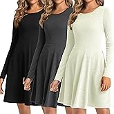 Vomidia 3 Pack Fall Dresses for Women 2026 Long Sleeve Ribbed Knit A-Line Flowy Casual Fashion Winter Going Out Dresses
