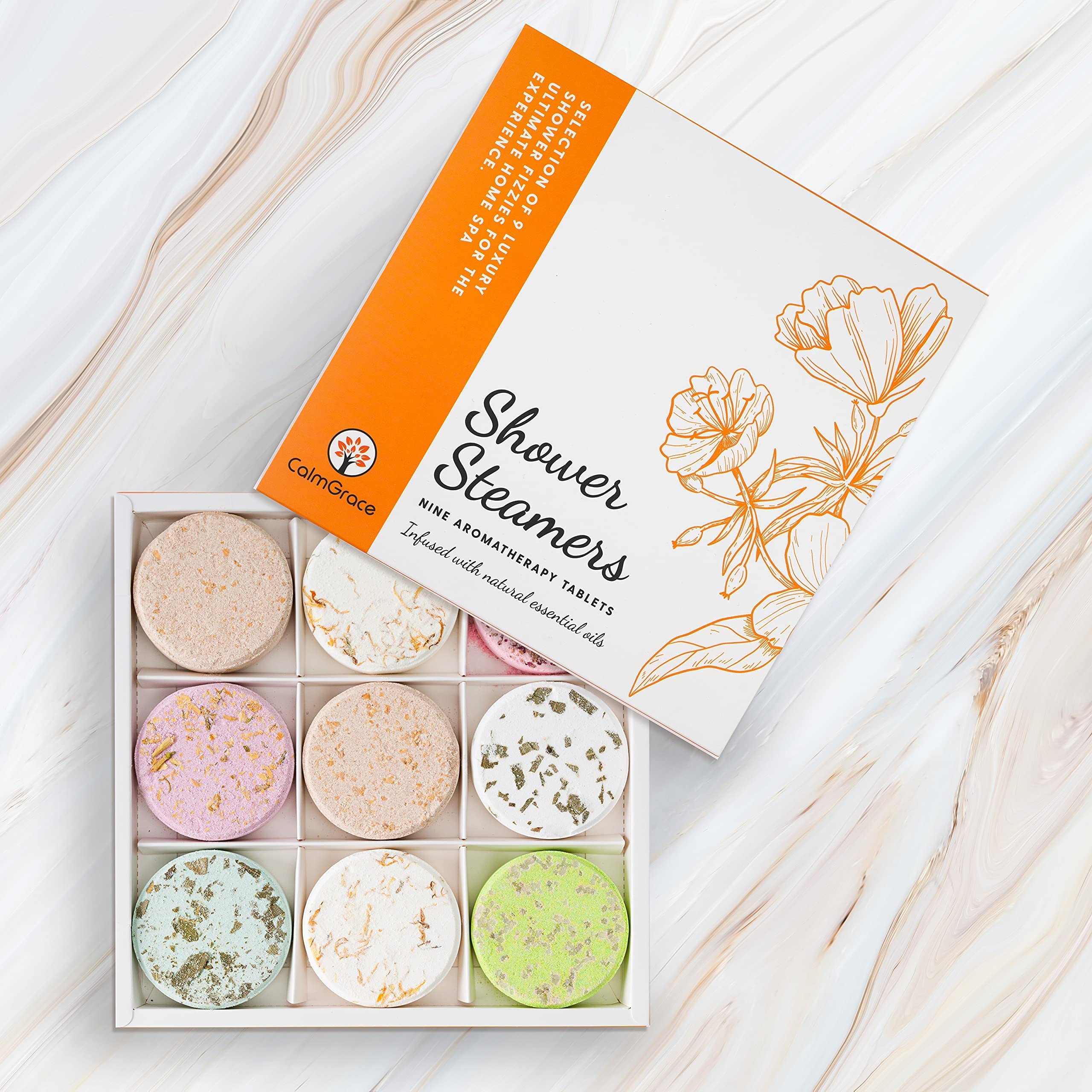 CalmGrace Shower Steamers Aromatherapy Shower Tablets, 9PCS Shower Steamer Shower Bombs with All Natural Essential Oils, Shower Bomb Set, Shower Bombs Steamer - Shower Steamers for Women Gifts
