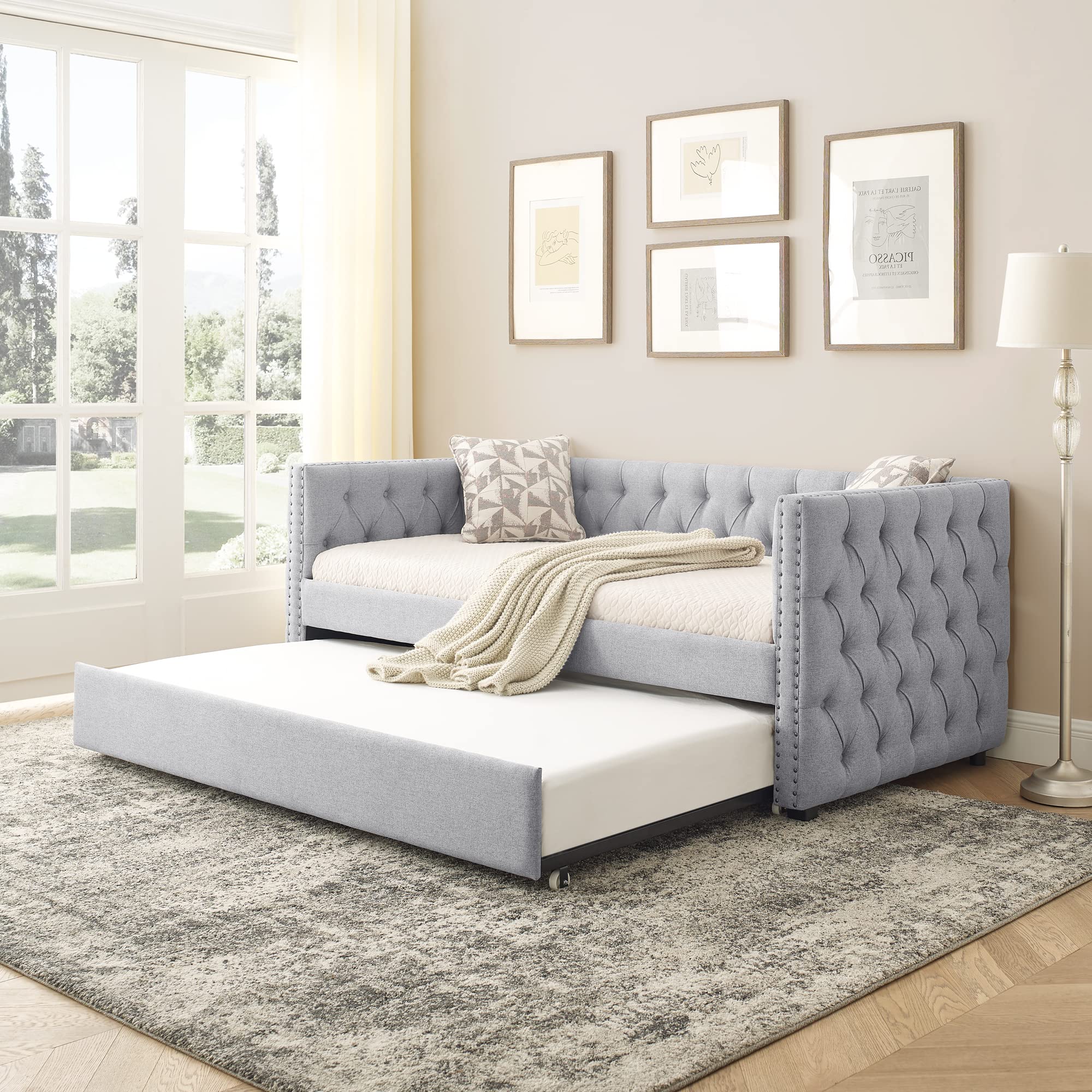 Photo 1 of *** PARTIAL SET *** PVWIIK Full Size Upholstered DayBed with Trundle & Modern Style for Adult,Kids,Bedroom,L-Shaped Bedframe,Beige