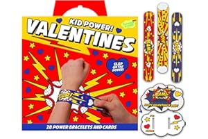 Peaceable Kingdom Valentines Cards for Kids Classroom, Set of 28 Valentines Day Gifts - Kid Power Slap Bracelets