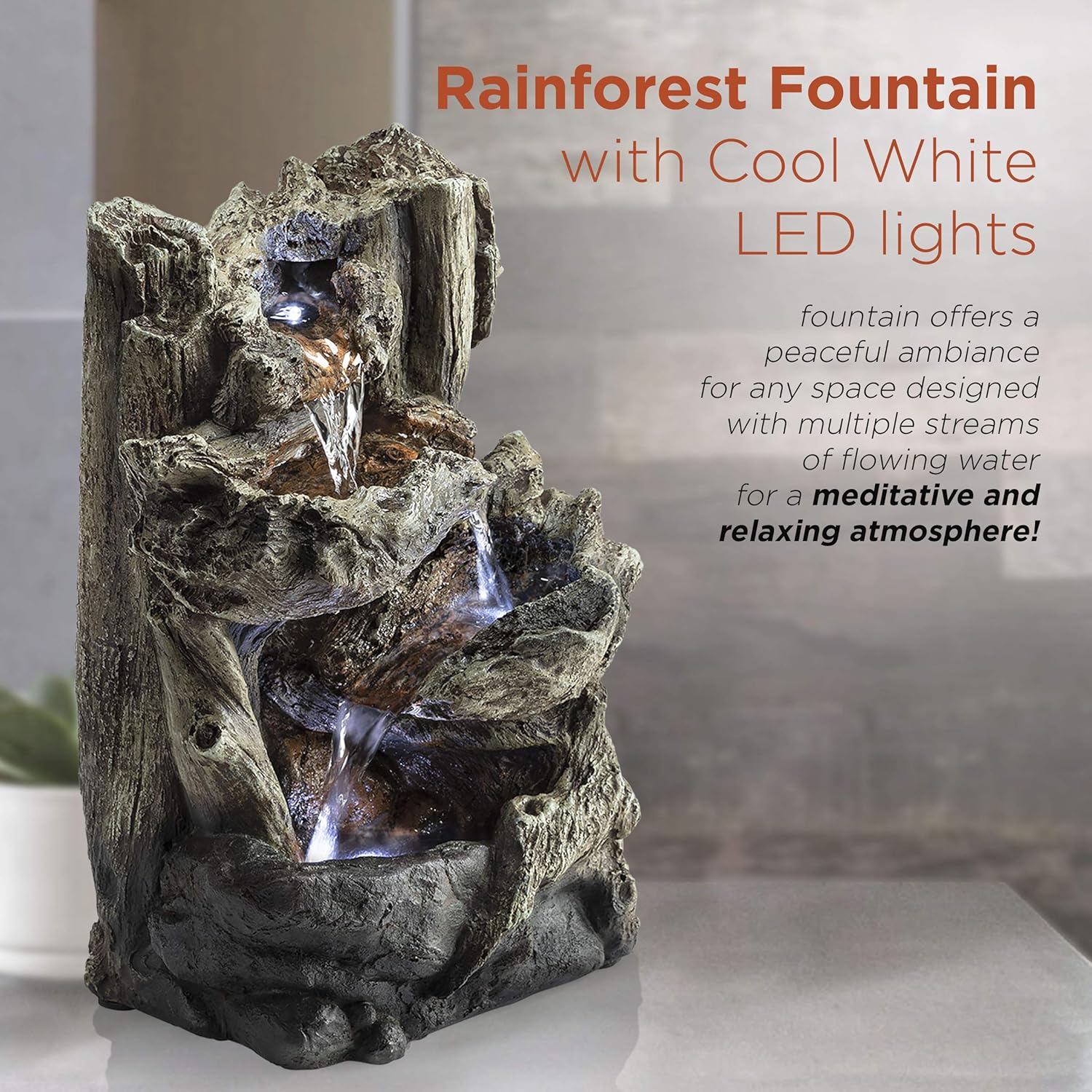 Alpine Corporation 14" Tall Indoor/Outdoor Tiered Log Tabletop Fountain with LED Lights : Indoor Fountains : Garden & Outdoor