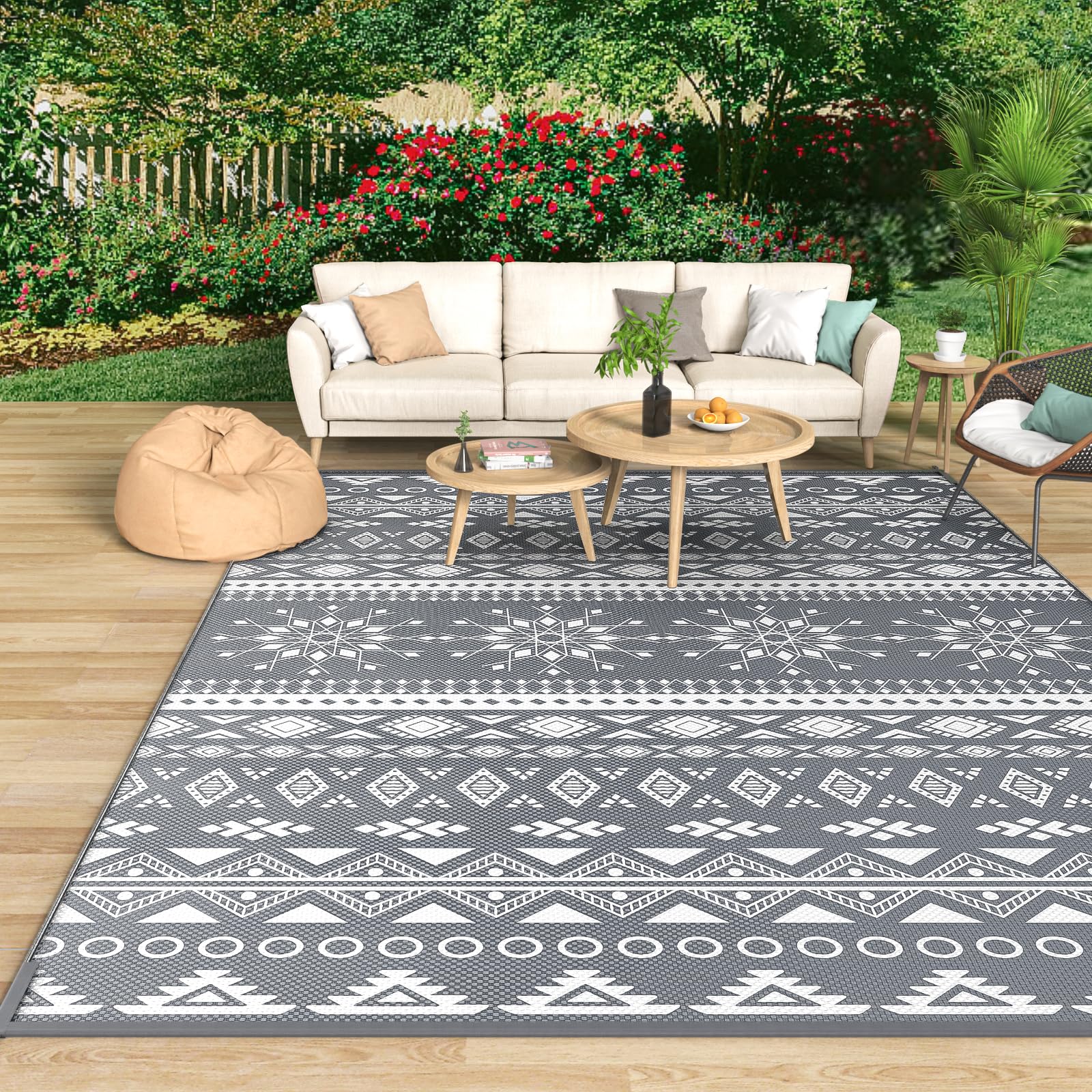 MOKANI Large Outdoor Rug for Patio Waterproof, Reversible Garden Rugs 240x300 cm, Plastic Carpet, Lightweight Foldable Boho Area Mats, UV Resistant Outdoor Carpet for RV, Balcony, Beach, Deck